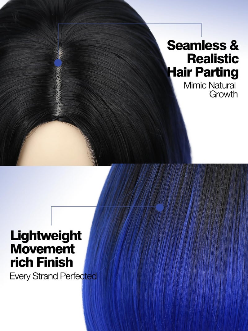 quickwig Quick Wig Short Bob Wig Ombre Wig Black to Blue Side Part Cosplay Party Wig 14 inches Bowl Cut Wig Heat Resistant Fiber Synthetic Wigs for Women Sapphire Blue - Image 5